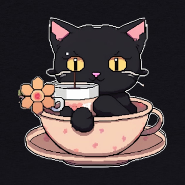 cute pixelated black cat in a cup by cloudviewv2